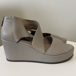 Eileen Fisher Leather Wedge Sandals Gray 9.5 Comfort Platform Ankle Strap NWOT